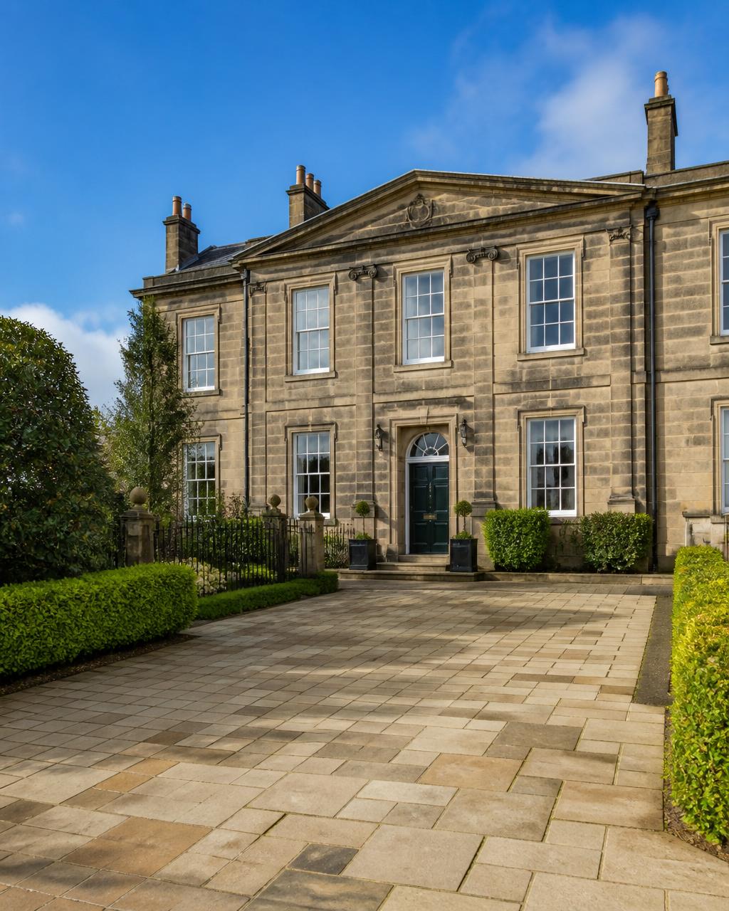 Recently cleaned listed heritage property with stone facade and paved driveway