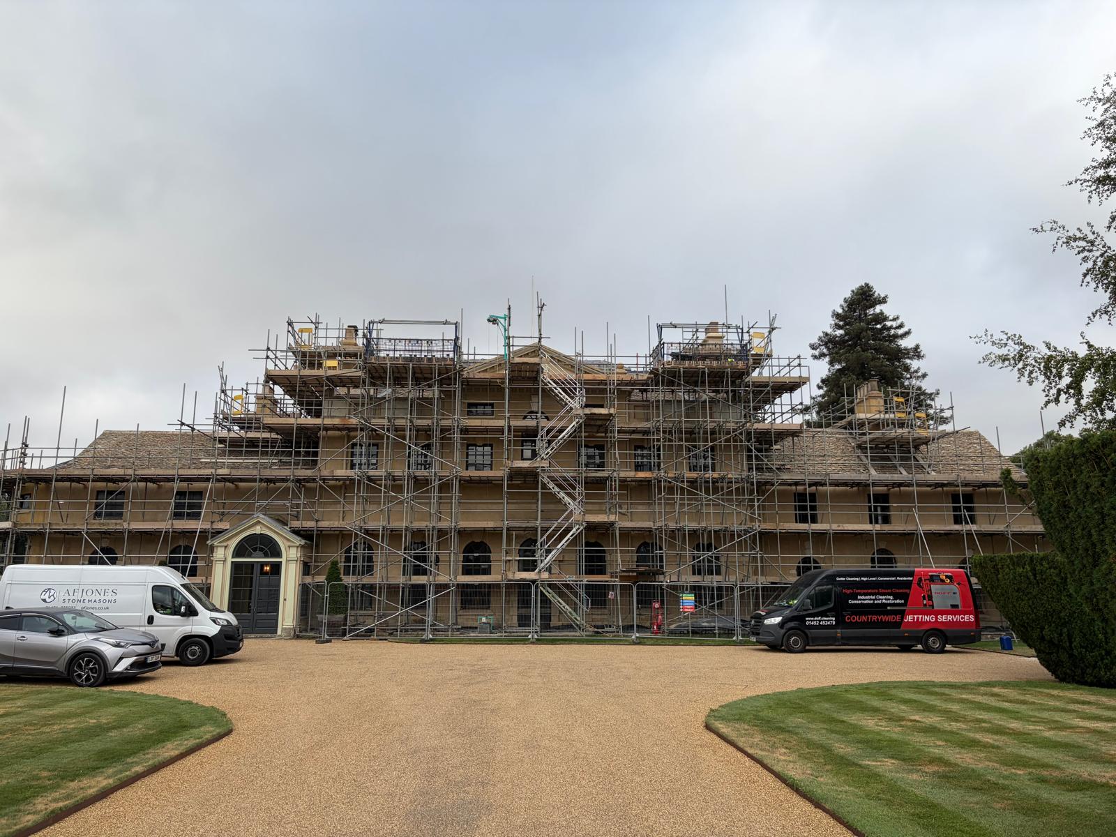 Countrywide Jetting Services van on site at a large heritage building cleaning project