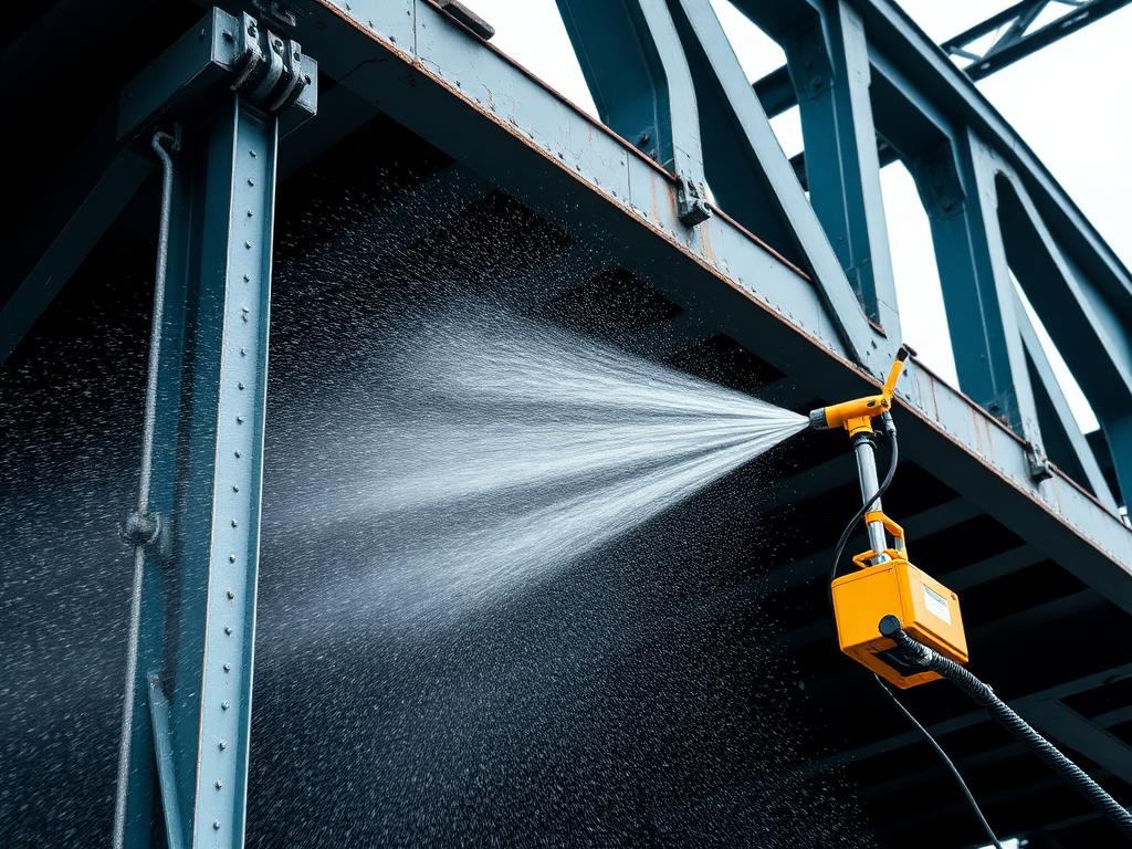 Professional jet washing removing paint from a large public metal structure