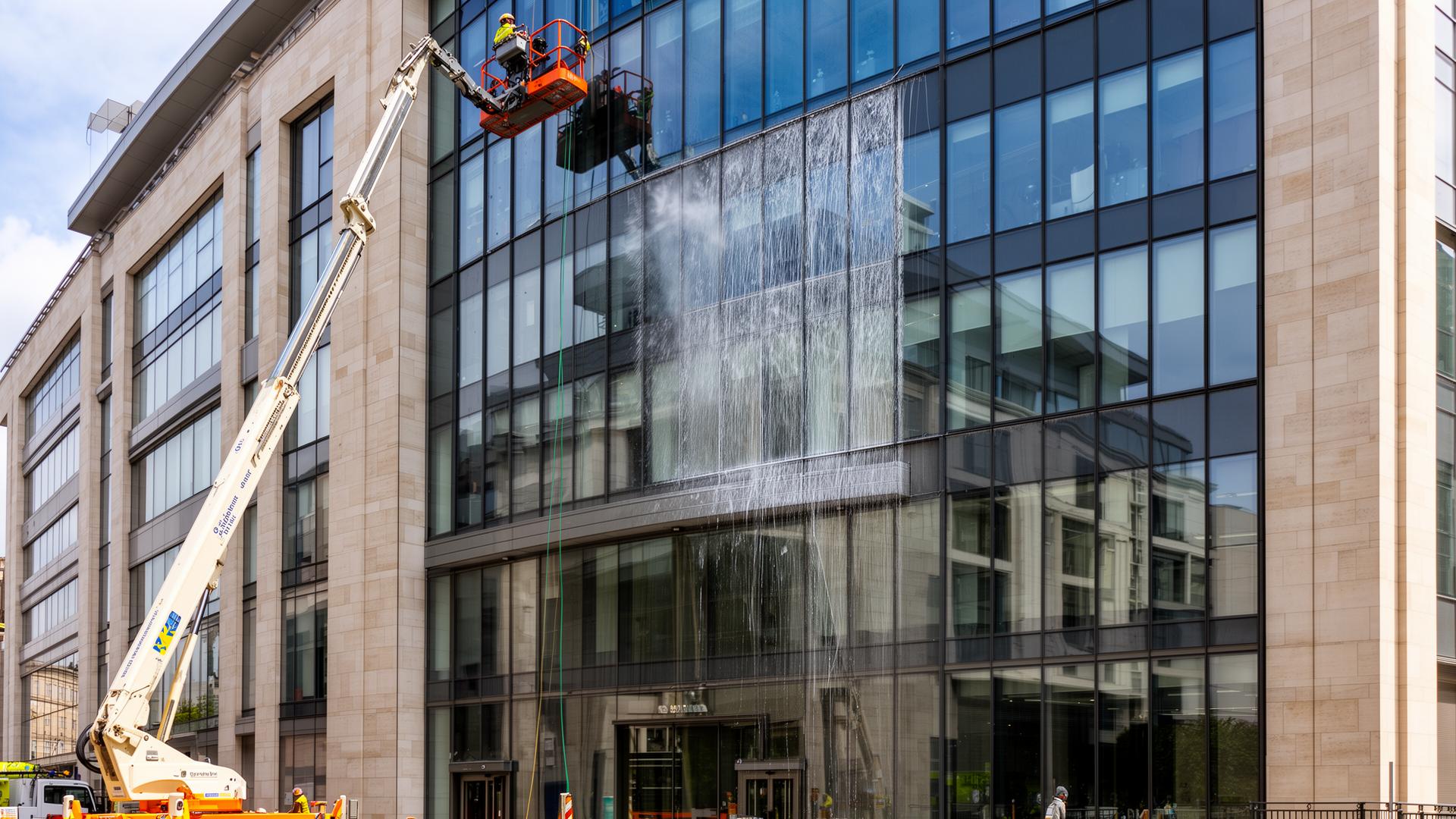 Commercial office facade being cleaned
