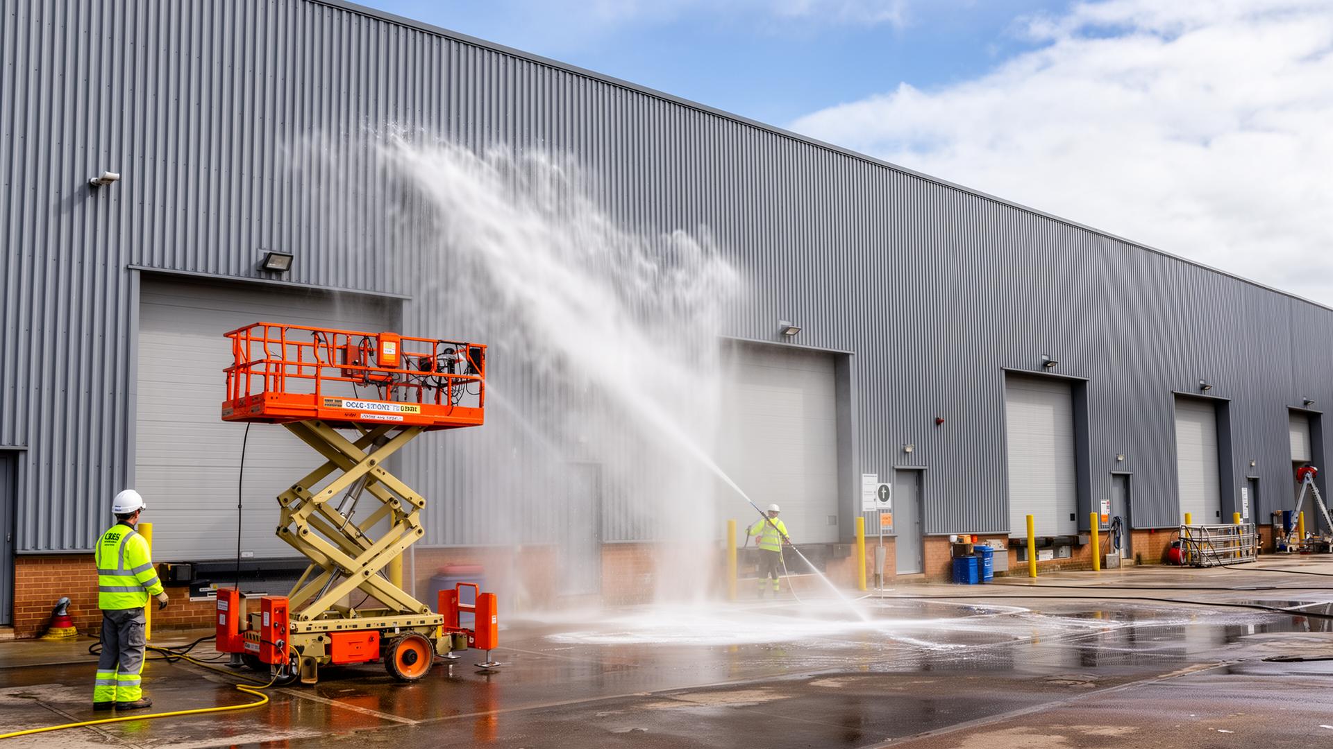 Industrial warehouse cladding being pressure washed